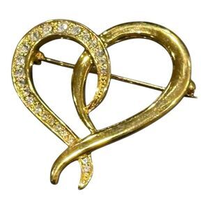 Vintage Heart Brooch, Curvy Heart Brooch. Rhinestone Victorian Brooch, Gold Tone